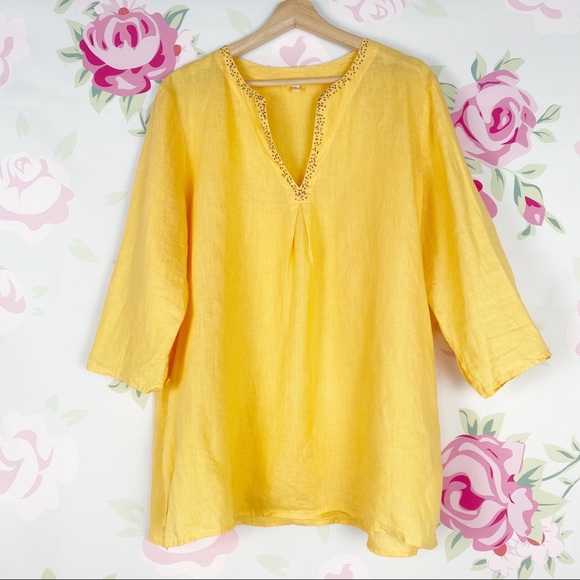Eileen Fisher Tops - Eileen Fisher Yellow Sequin Irish Linen Blouse L